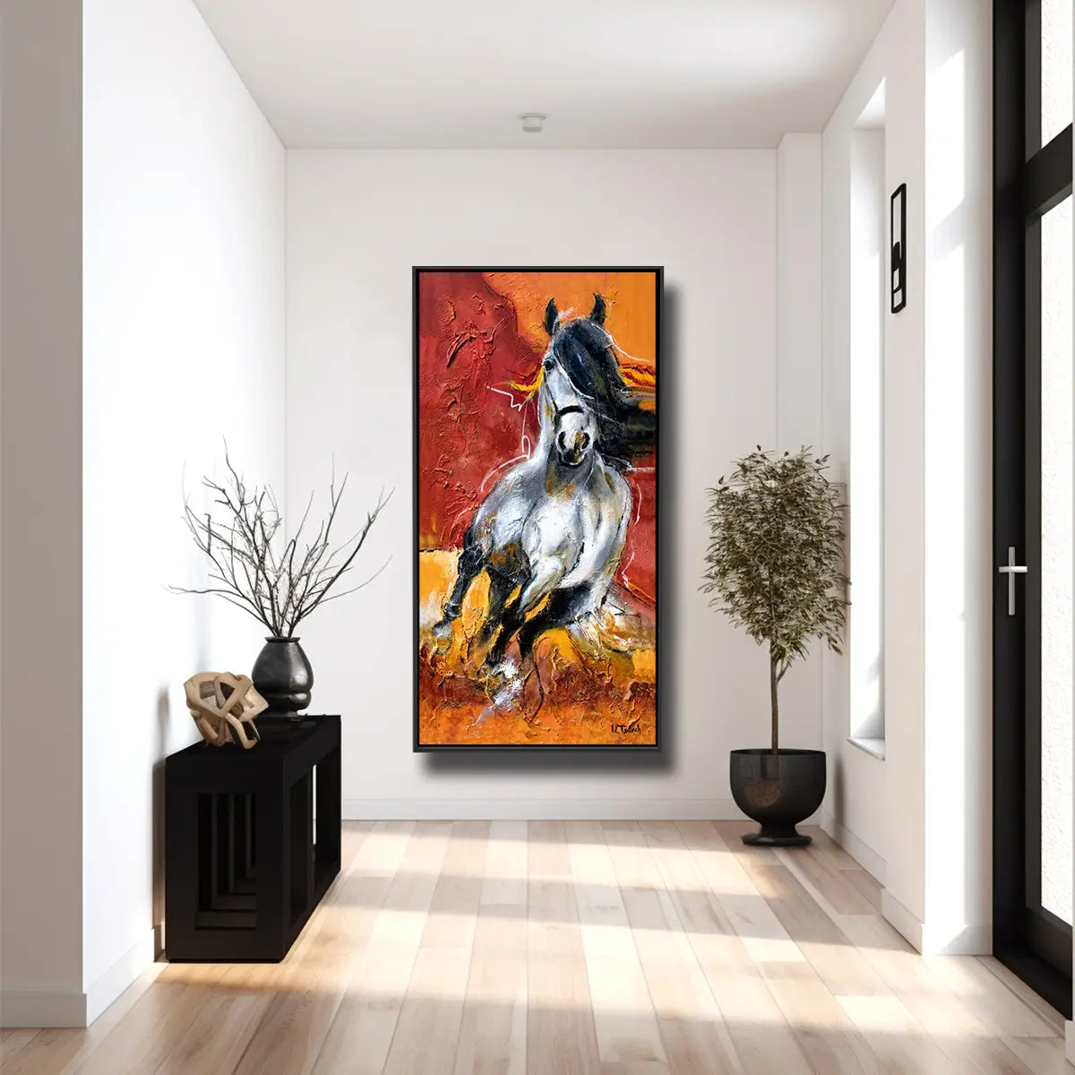 01-13 Edler Andalusier Schimmel in feiner Aufrichtung vor warmem Gelb Rot und Orange – Pferde-Acrylglasbild von Kerstin Tschech