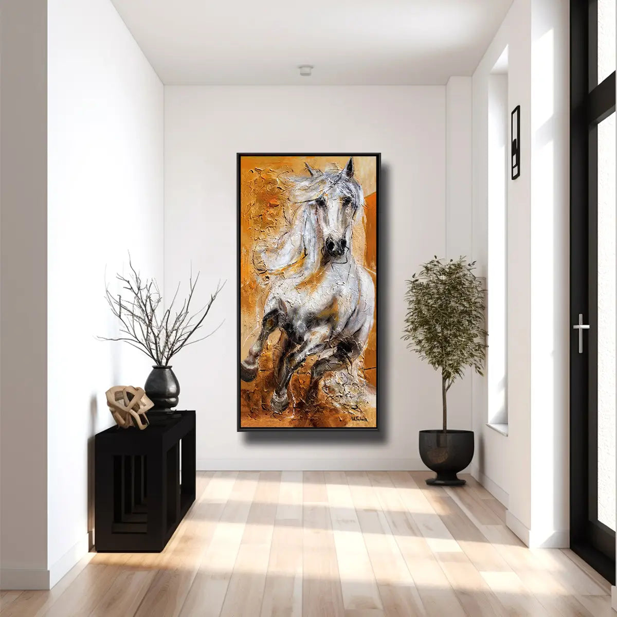 01-15 Weißer Andalusier Hengst im freien Galopp vor warmem Orange und Gelb – Pferde-Acrylglasbild von Kerstin Tschech