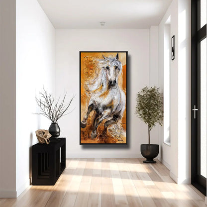 01-15 Weißer Andalusier Hengst im freien Galopp vor warmem Orange und Gelb – Pferde-Acrylglasbild von Kerstin Tschech