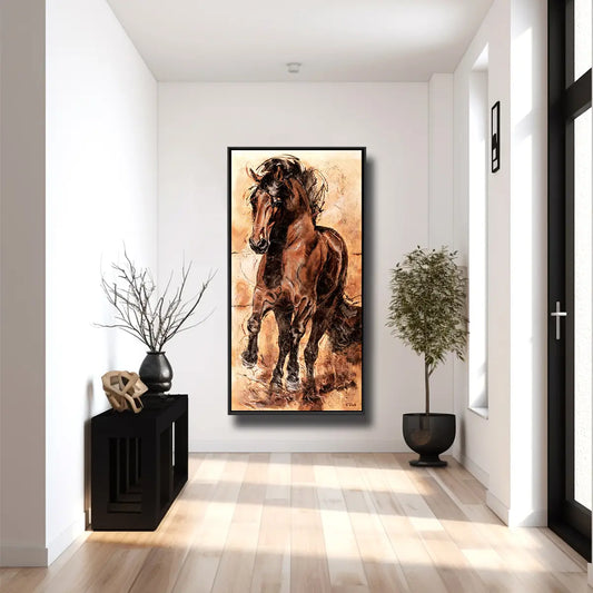 01-18 Brauner Pura Raza Española Hengst im Galopp nach vorne vor Gelb und Orange – Pferde-Acrylglasbild von Kerstin Tschech