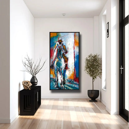 01-19 Moderner Reiter auf stolzem PRE Hengst in erhabener Pose vor bunter Farbexplosion – Pferde-Acrylglasbild von Kerstin Tschech