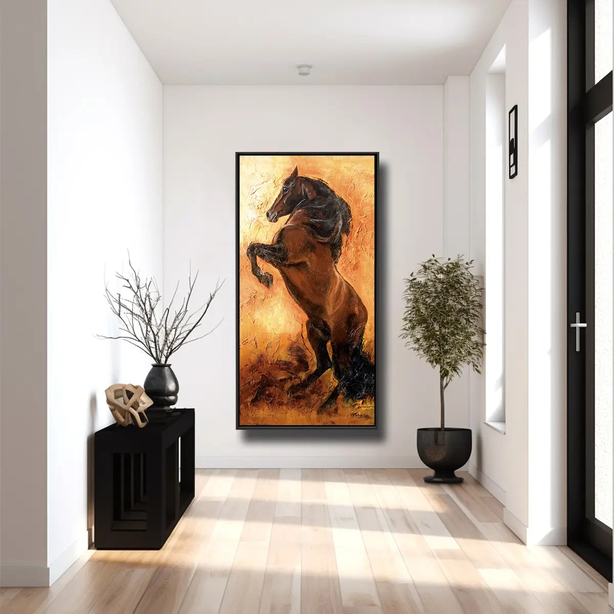 01-24 Andalusier Hengst steigt mit schwarzer Mähne vor Orange und Gelb – Pferde-Acrylglasbild von Kerstin Tschech