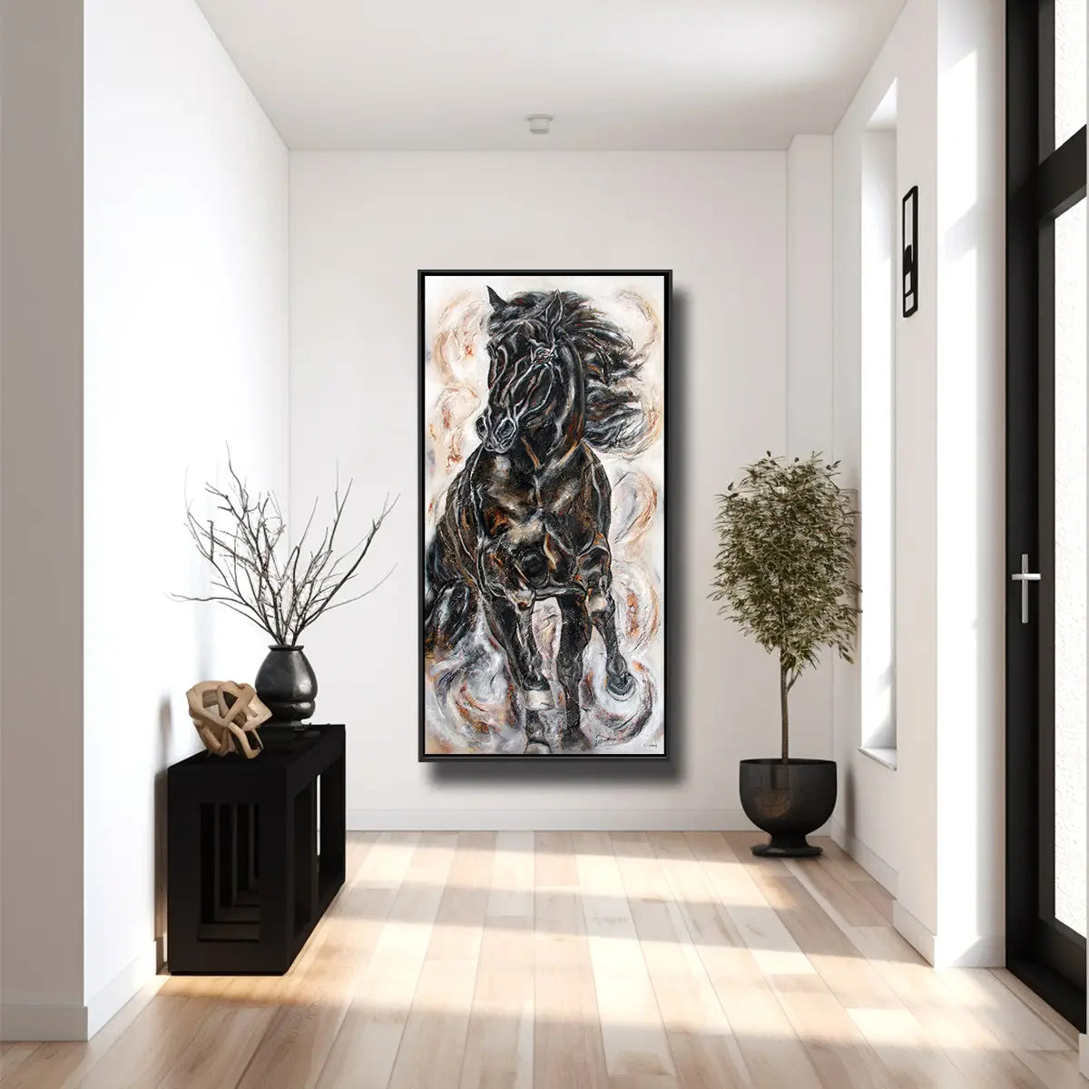 01-28 Kraftvoller Rappe stürmt im Galopp nach vorne vor beige-weißem Hintergrund – Pferde-Acrylglasbild von Kerstin Tschech