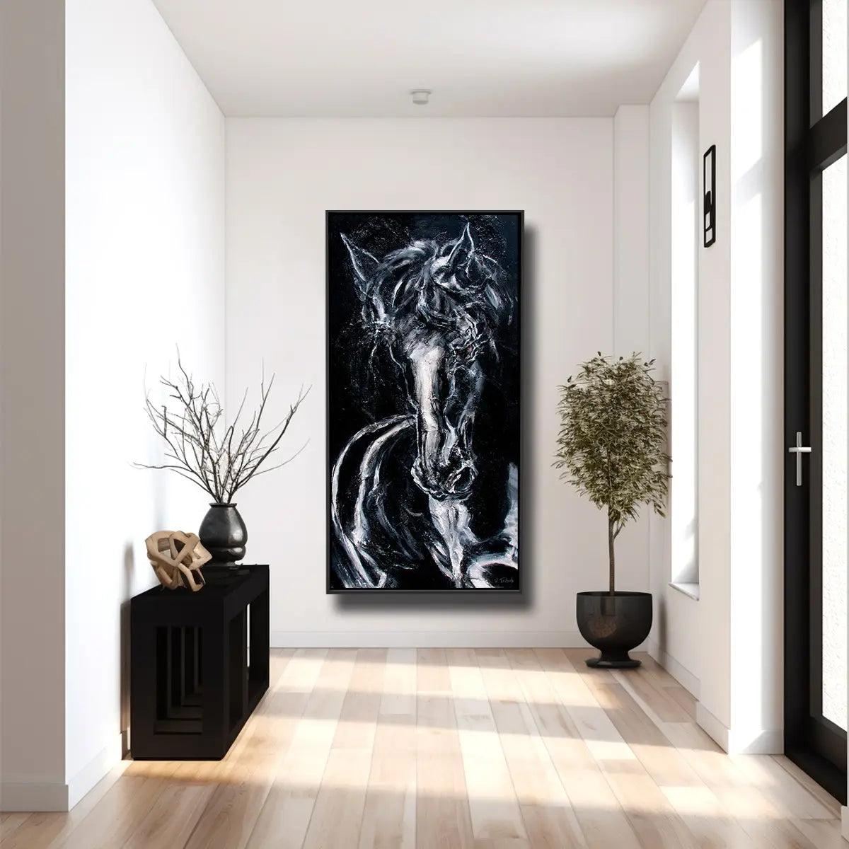 01-54 Ausdrucksstarkes Friesen Portrait vor schwarzem Hintergrund – Pferde-Acrylglasbild von Kerstin Tschech