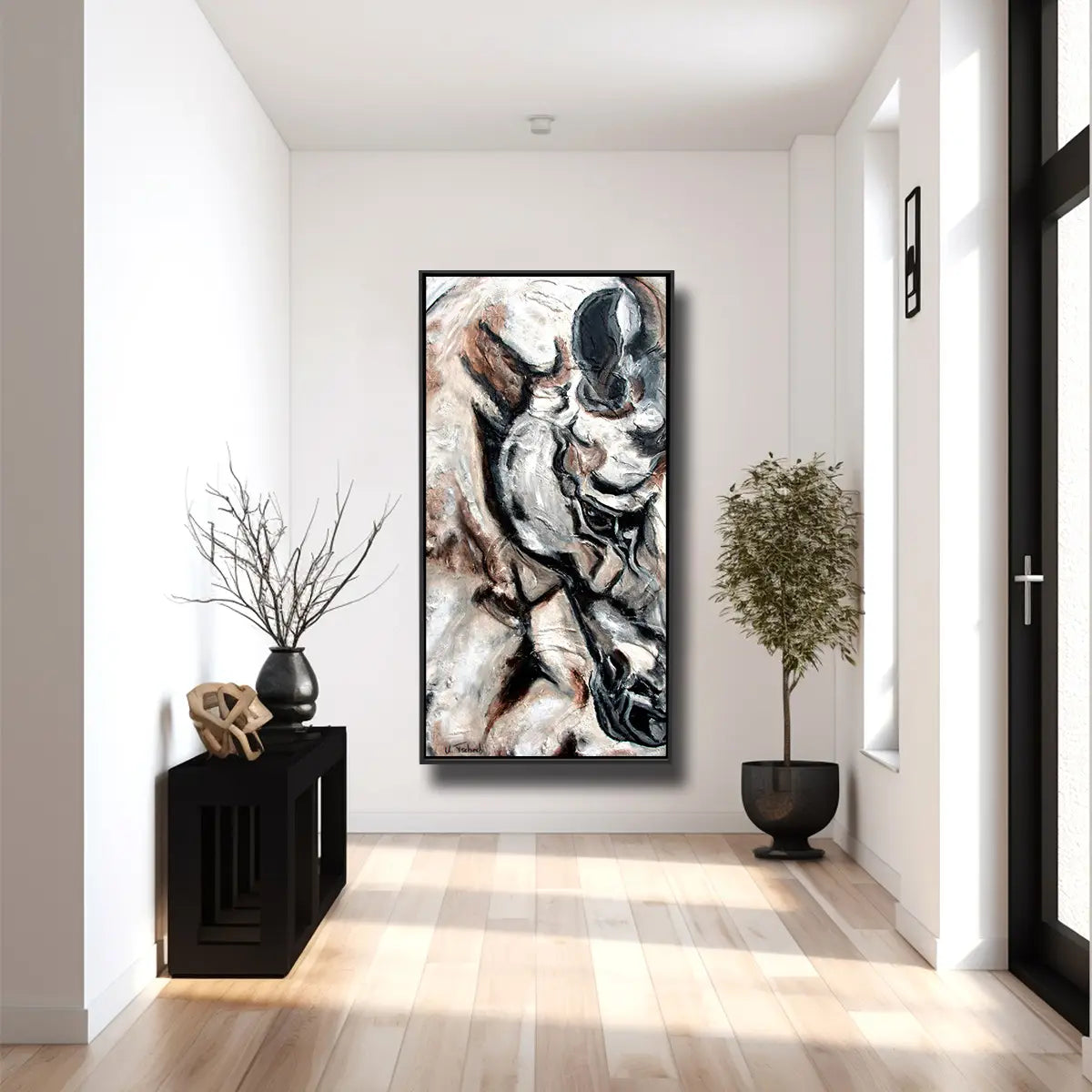 01-55 Abstraktes Pferdeportrait Ausschnitt mit Auge und Nüstern in Beige Braun Grau – Pferde-Acrylglasbild von Kerstin Tschech