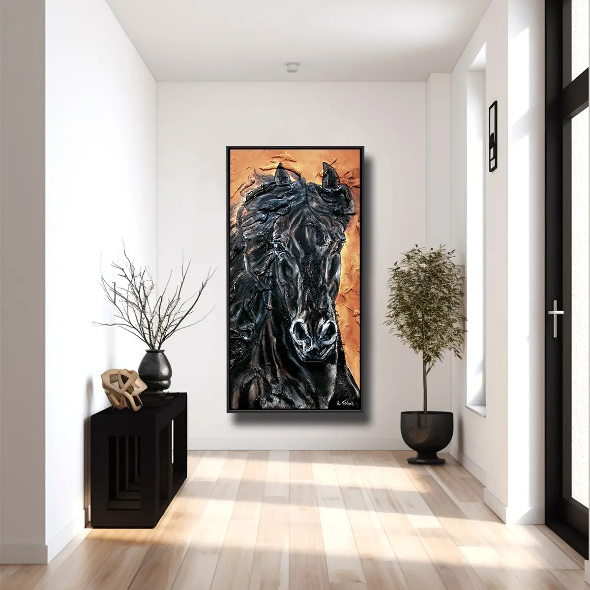 01-59 Friese vor orangem Hintergrund – Pferde-Acrylglasbild von Kerstin Tschech