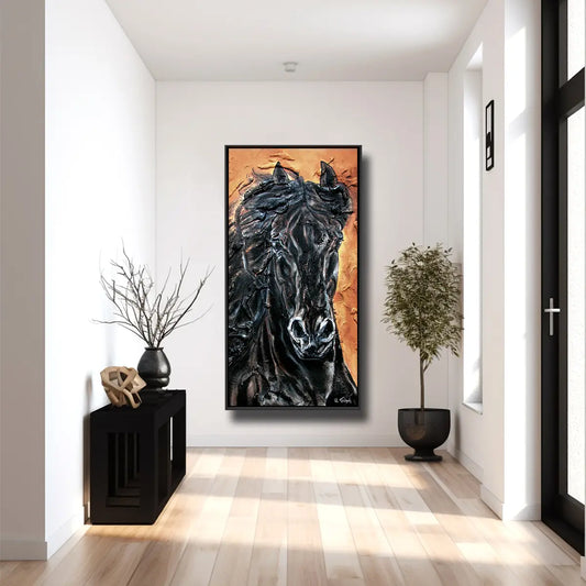 01-59 Friese vor orangem Hintergrund – Pferde-Acrylglasbild von Kerstin Tschech