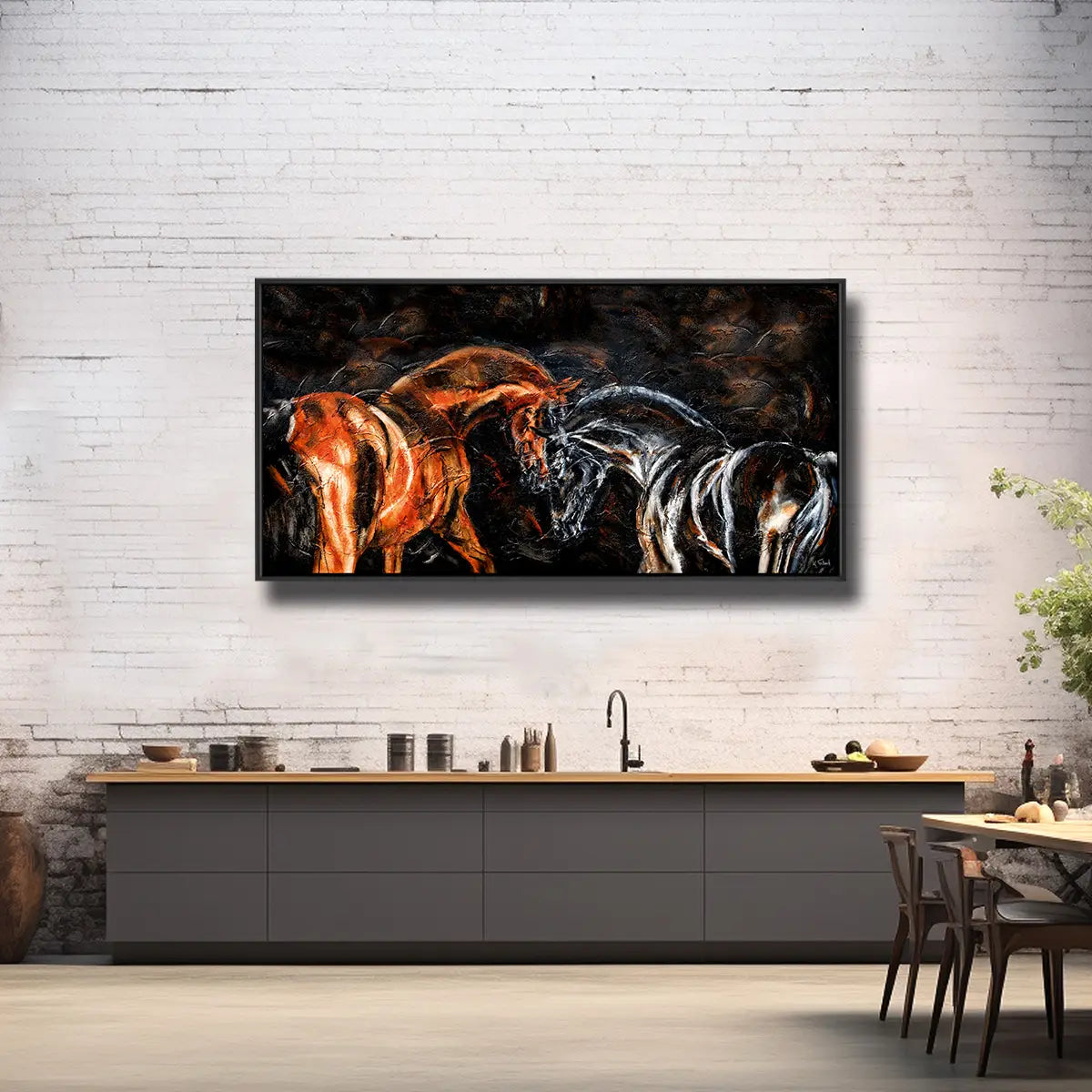 02-03 Ausdrucksstarker schwarzer und brauner Hengst im Licht – Pferde-Acrylglasbild von Kerstin Tschech