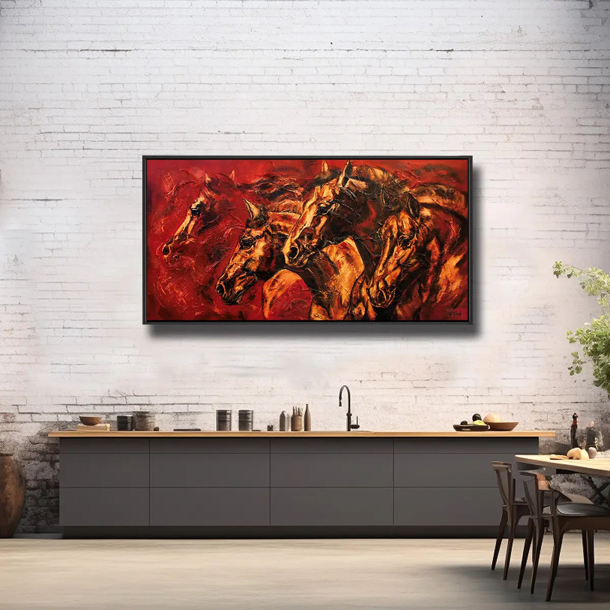 02-12 Abstraktes Pferdeherde-Wandbild in kraftvollem Rot – Pferde-Acrylglasbild von Kerstin Tschech