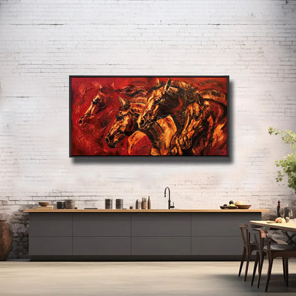 02-12 Abstraktes Pferdeherde-Wandbild in kraftvollem Rot – Pferde-Acrylglasbild von Kerstin Tschech