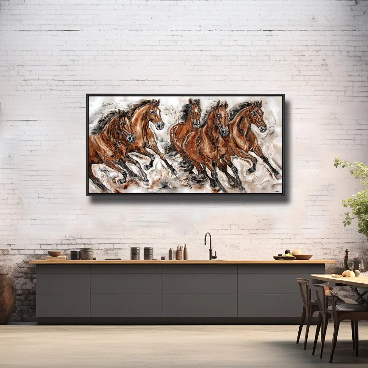 02-25 Fünf braune Warmblüter in kraftvoller, galoppierender Bewegung – Pferde-Acrylglasbild von Kerstin Tschech