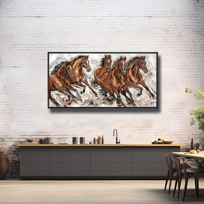 02-25 Fünf braune Warmblüter in kraftvoller, galoppierender Bewegung – Pferde-Acrylglasbild von Kerstin Tschech