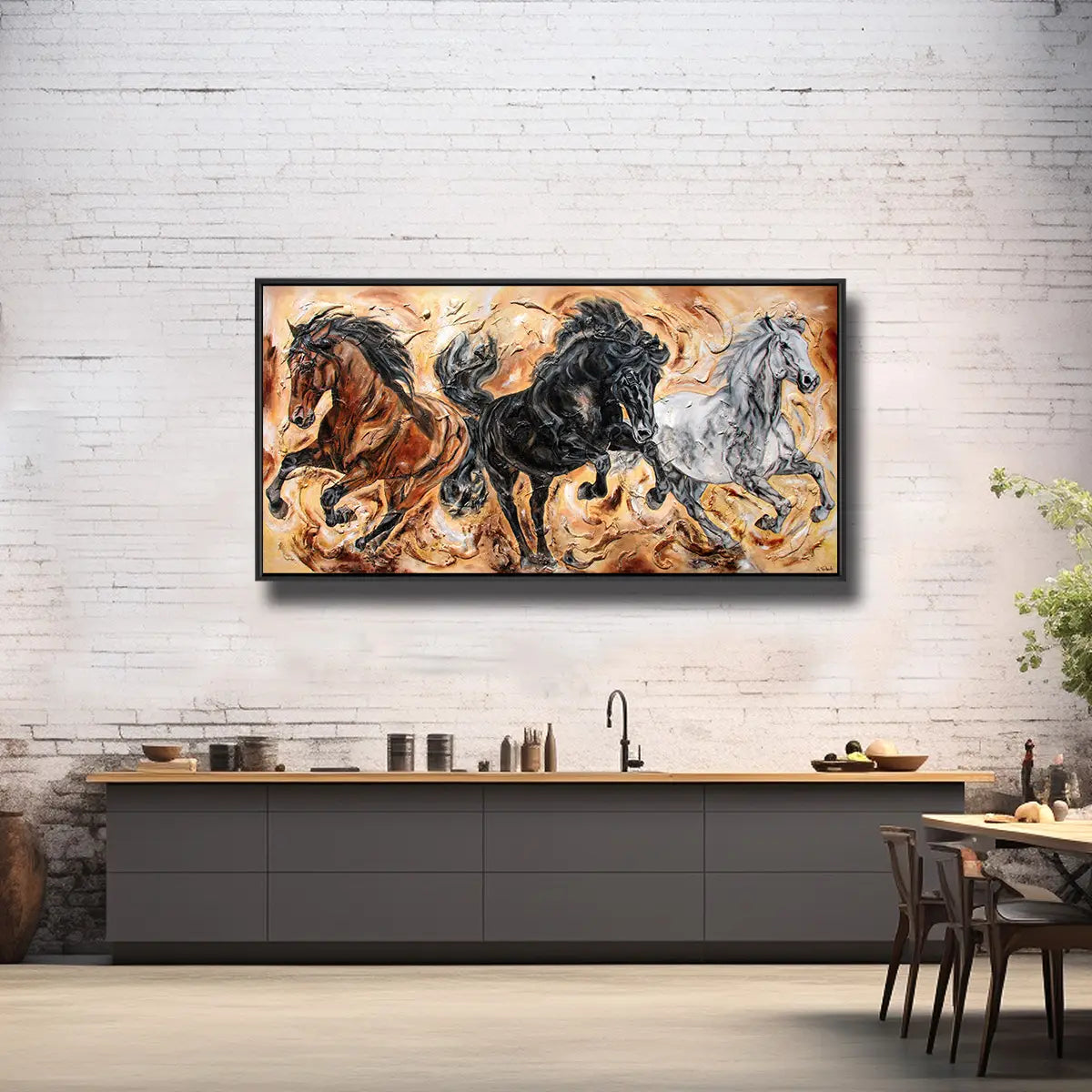 02-29 Drei galoppierende Pferde als Rappe Schimmel und Brauner im Aufwärtsgalopp – Pferde-Acrylglasbild von Kerstin Tschech