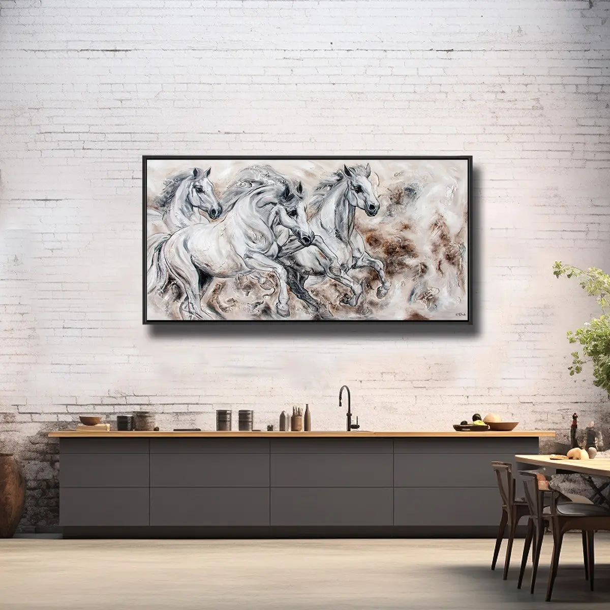 02-35 Galoppierende andalusische P.R.E. Schimmelhengste in feuriger Vorwärtsbewegung – Pferde-Acrylglasbild von Kerstin Tschech