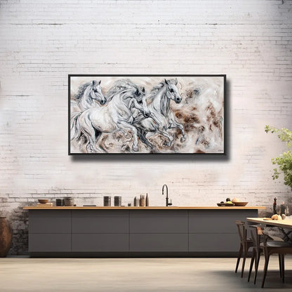 02-35 Galoppierende andalusische P.R.E. Schimmelhengste in feuriger Vorwärtsbewegung – Pferde-Acrylglasbild von Kerstin Tschech