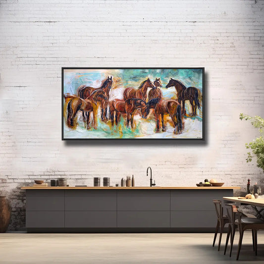 02-42 Pferde-Gemälde Warmblut-Herde in modernen Farben – Pferde-Acrylglasbild von Kerstin Tschech