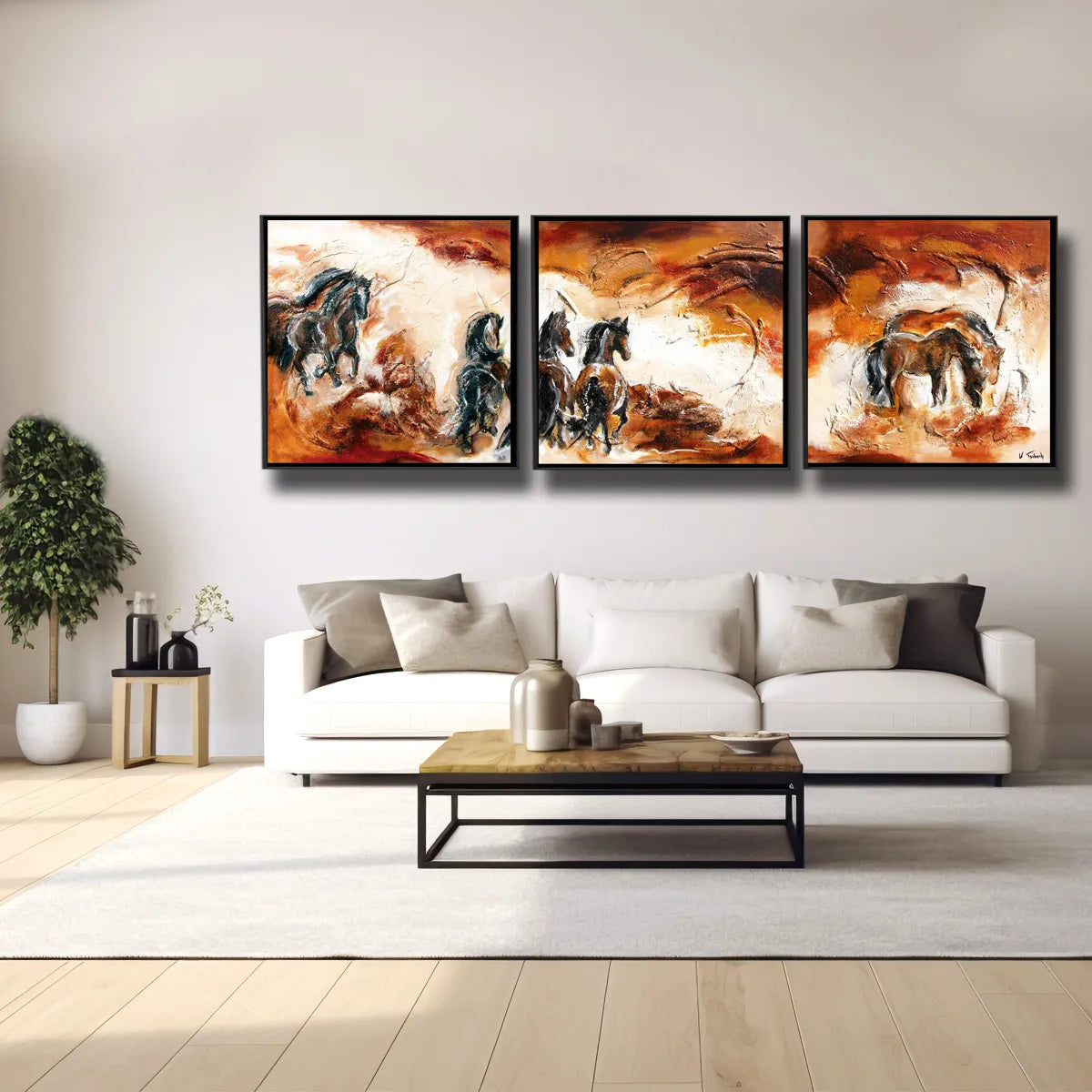 03-23 Pferdeherde abstrakt als mehrteiliges XXL Pferdewandbild – Pferde-Acrylglasbild von Kerstin Tschech