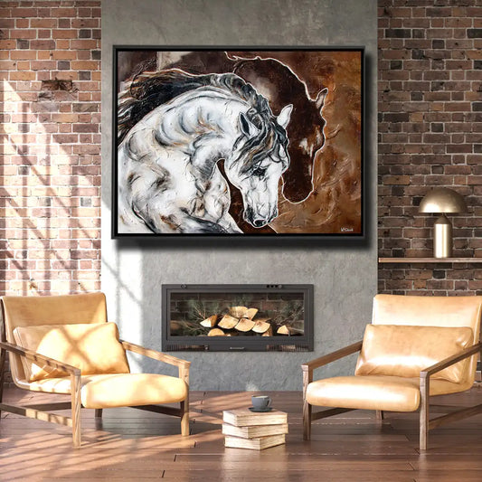 06-01 Weißer PRE Hengst springt kraftvoll nach vorne – Pferde-Acrylglasbild von Kerstin Tschech