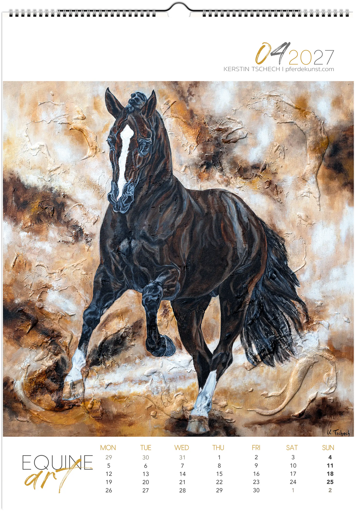 Equine ART – April – Eksklusiv hestekunstkalender av Kerstin Tschech. Høykvalitets veggkalender med hester, med elegante hestemotiver og kunsttrykk for hesteelskere.