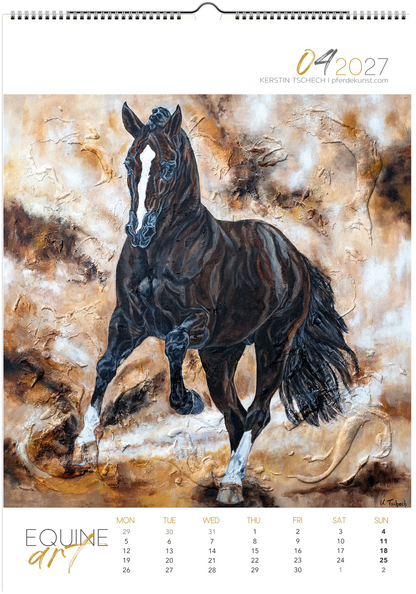 Equine ART – April – Eksklusiv hestekunstkalender av Kerstin Tschech. Høykvalitets veggkalender med hester, med elegante hestemotiver og kunsttrykk for hesteelskere.