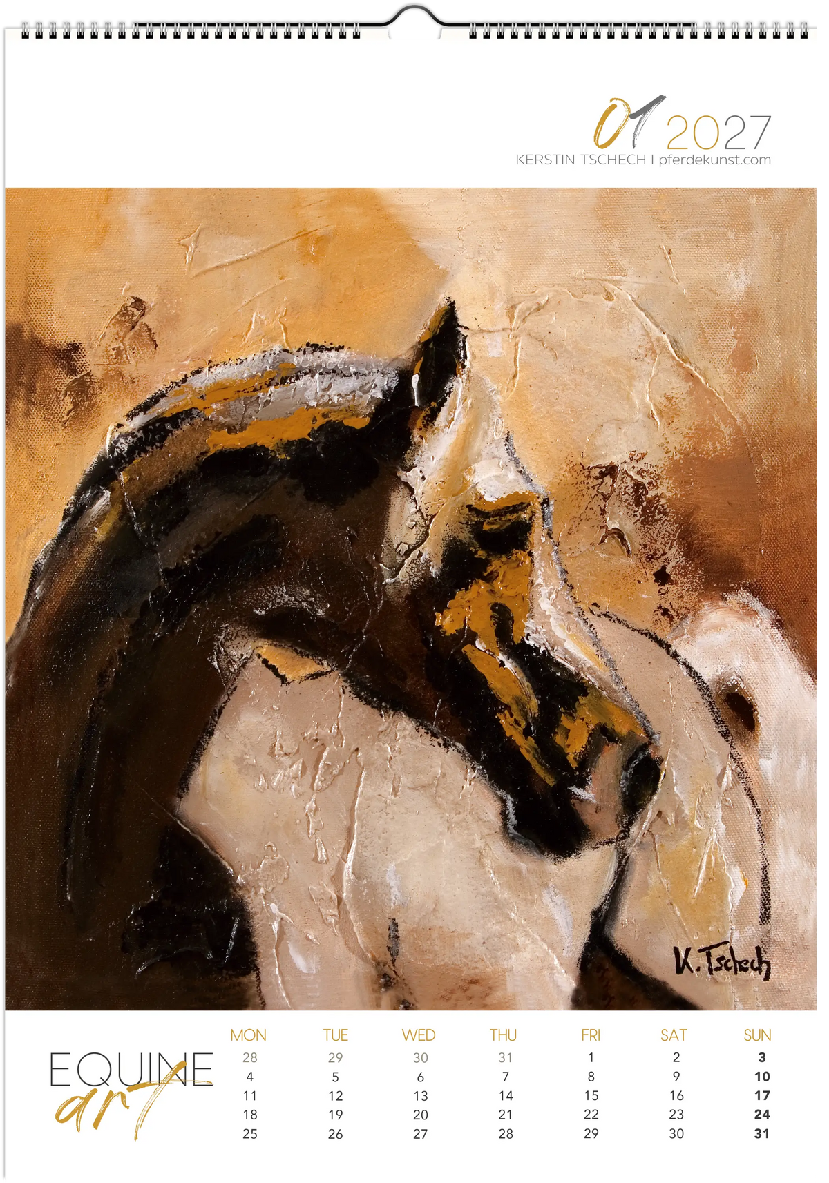 Equine ART – Januar – Eksklusiv kunstkalender med hester av Kerstin Tschech. Eksklusiv veggkalender med hester, med elegante hestemotiver og kunsttrykk for hesteelskere.
