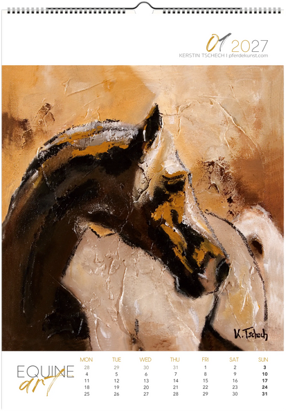 Equine ART – Januar – Eksklusiv kunstkalender med hester av Kerstin Tschech. Eksklusiv veggkalender med hester, med elegante hestemotiver og kunsttrykk for hesteelskere.