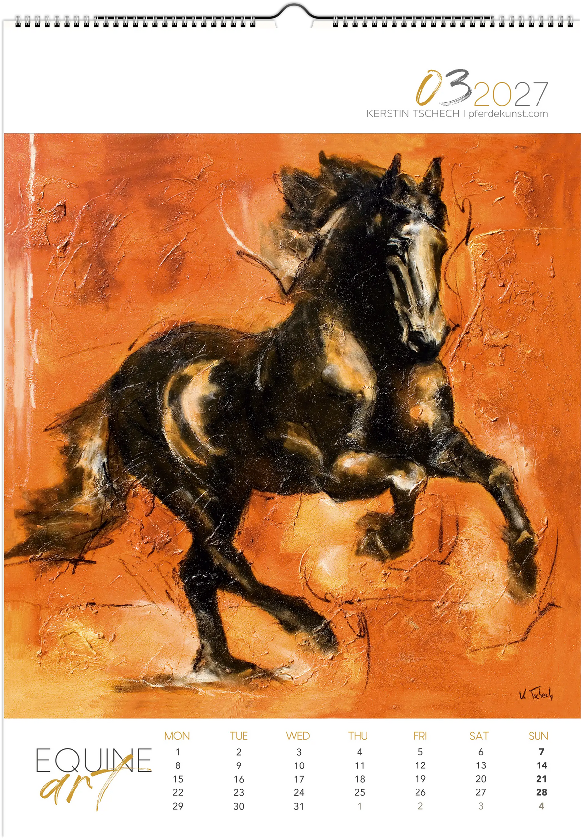 Equine ART – mars – Eksklusiv kunstkalender med hester av Kerstin Tschech. Eksklusiv veggkalender med hester, med edle hestemotiver og kunsttrykk for hesteelskere.