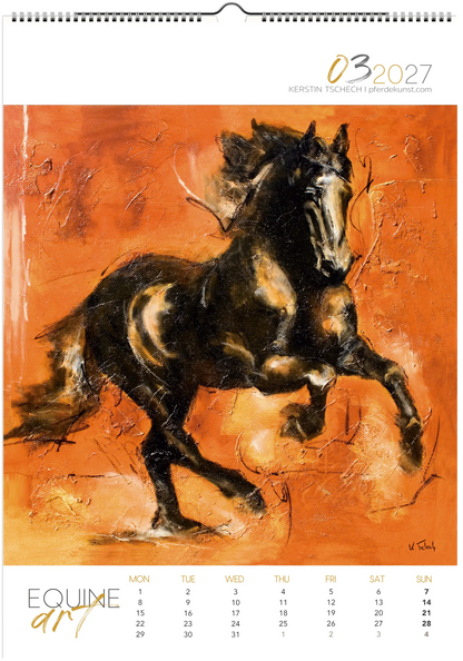 Equine ART – mars – Eksklusiv kunstkalender med hester av Kerstin Tschech. Eksklusiv veggkalender med hester, med edle hestemotiver og kunsttrykk for hesteelskere.
